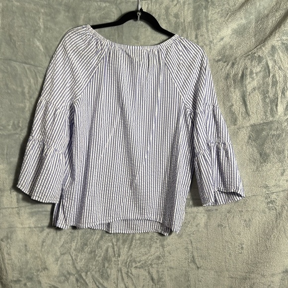 Liz Claiborne top women’s  petite Med Blue Striped cotton blend lightweight boho - Picture 3 of 9